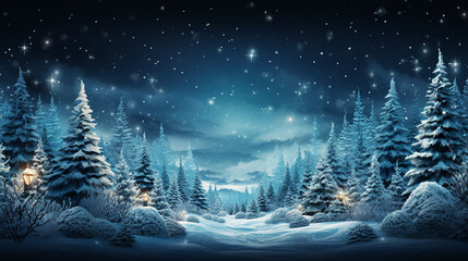 Christmas tree decoration in winter forest with northern lights in the night sky