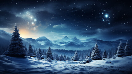 Christmas tree decoration in winter forest with northern lights in the night sky