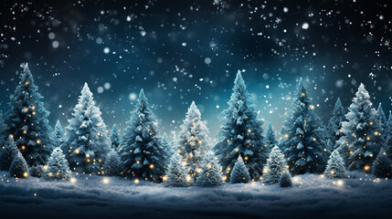 Christmas tree decoration in winter forest with northern lights in the night sky