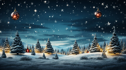 Christmas tree decoration in winter forest with northern lights in the night sky