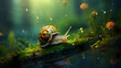 Macro photo of snail on mossy wood in rainy forest, snail on green natural background