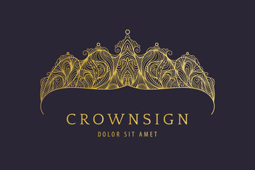 Wall Mural - Vector golden crown logo, luxury tiara illustration. Art deco style line design, jewelry symbol