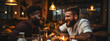 Happy homosexual interracial couple having date at restaurant