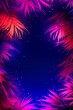 Colorful beach party background illustration, neon palm trees against the night sky, rave festival design