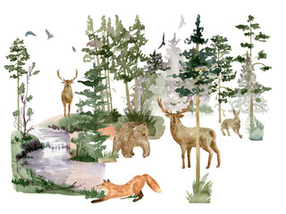  Watercolor forest with animals. Woodland composition.