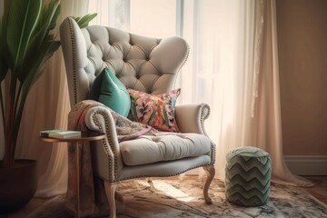 Poster - Cozy curved tufted chair. Retro house vintage modern style interior. Generate Ai