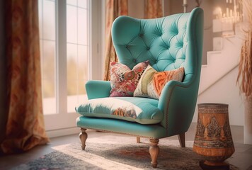 Poster - Cozy curved tufted soft chair. Relax modern style furniture with living decoration. Generate Ai
