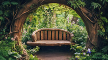 Hidden Nook In Garden, Tree Arch And Wooden Garden Bench In Thailand