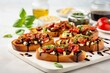 Delicious bruschettas with balsamic vinegar on kitchen board. Appetizer meal cuisine healthy bread. Generate Ai