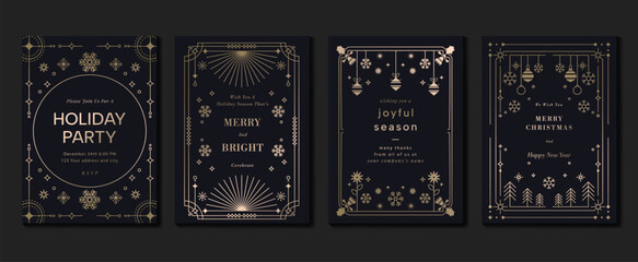 luxury christmas invitation card art deco design vector. christmas tree, snowflake, ball line art on