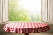 Empty table with red and white checkered tablecloth in room. Food summer vintage design. Generate Ai
