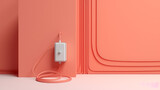 Fototapeta  - 3d minimalist pink cable plugged into white wall outlet on orange wall with copy space.