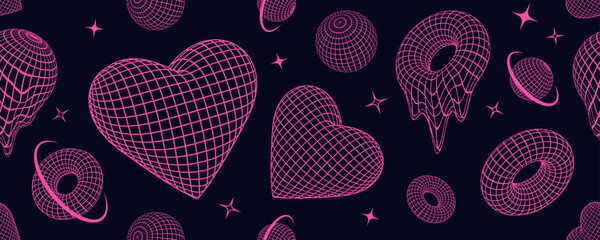 Wall Mural - Retro Y2K seamless pattern with techno shapes and 3d wireframes, grids, geometric forms, pink neon crazy design elements in 2000s aesthetic style.