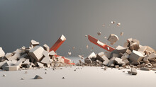 3d Minimalist Wrecked Building Panorama With Concrete Debris And Huge Beam On Grey Background With Copy Space