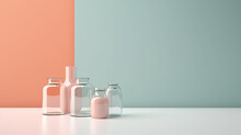 3D Glass Jars In Empty Pastel Background. Concept Of Minimalism. Light Background With Copy Space. 