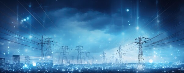 Electric pylons under moonlight at blue night. Electricity lines and electric power station in the sky at night