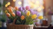 Bouquet Of Tulips In Basket On Blurred Background, Closeup. Tulips. Mother's Day Concept With A Space For A Text. Valentine Day Concept With A Copy Space.