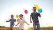 © maxximmm - children run across the field. happy family kid dream concept. a group of children are run along road field with colorful balloons. guys run across field with large lifestyle colored balloons