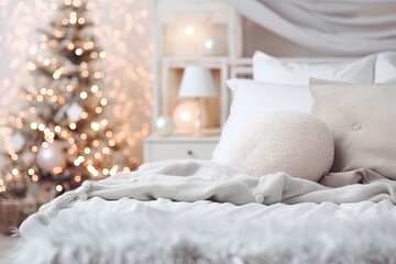 Bedroom with bed and light bed linen at Christmas. Interior