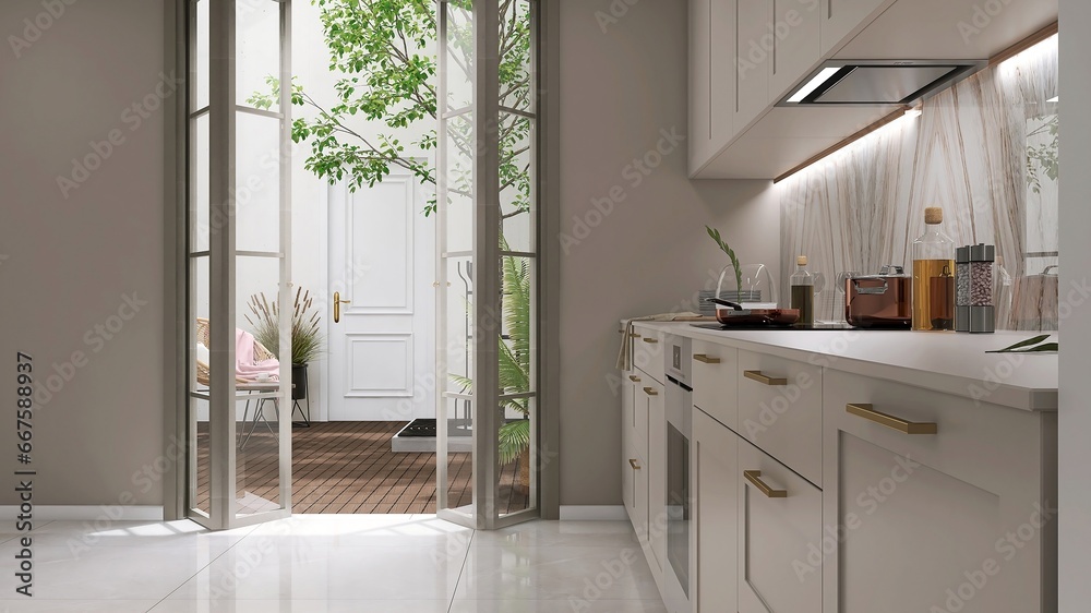 Beige wall kitchen with open folding door with glass panel to courtyard ...
