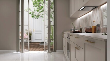 Beige wall kitchen with open folding door with glass panel to courtyard with wooden floor, white exterior house and tree in sunlight for interior design decoration, product background 3D