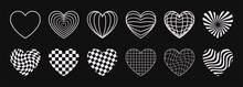 Set Of Retro Heart Symbols, Stickers, Decorative Romantic Elements In Y2K Techno Crazy Aesthetics. Vector Illustration.