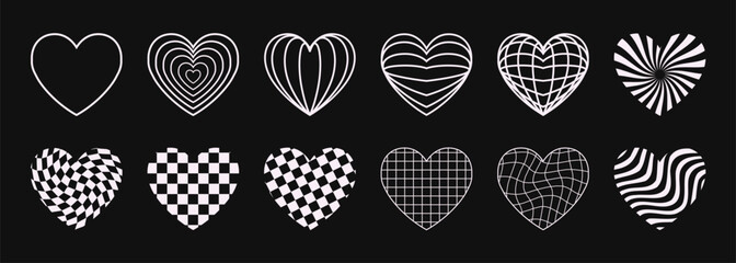 Poster - Set of retro heart symbols, stickers, decorative romantic elements in Y2K techno crazy aesthetics. Vector illustration.