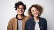 smiling young pair with glasses sharing a joyful moment, useful for advertising eyewear or casual fashion, ai generated