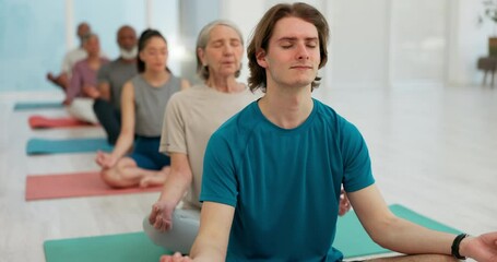 Poster - Meditation class, yoga club and people in lotus pose at gym for fitness, peace or zen, mental health or wellness. Breathing, exercise or man guide with group for energy balance and holistic training