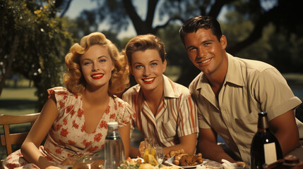 A snapshot of a 1950s summer picnic scene with families wearing their finest casual attire, celebrating the laid-back fashion of the time