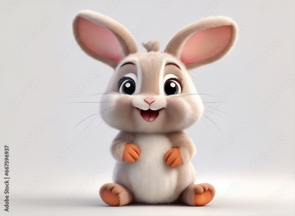 A charming 3D render of a rabbit bunny on white background in the form ...