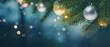 Christmas background with bokeh lights and christmas tree branches.