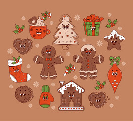 Wall Mural - Christmas retro cartoon characters. Gingerbread man and house, tree toys, stocking, gift and cocoa. Cool isolated vector elements in trendy groovy hippie style. Merry Christmas and Happy New year.