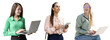 © muse studio - Female office employee manager uses laptop computer tablet, photo collage. Transparent isolated background.
