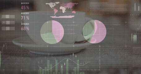 Poster - Animation of statistical data processing against close up of a coffee cup on a tablet