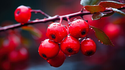  Dewy Hawthorn Berries on a Branch, Autumn Abstract Background
