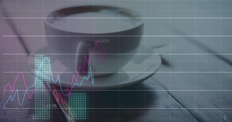 Poster - Animation of statistical data processing against close up of a coffee cup on a tablet