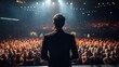 © visoot - Motivational speaker standing on stage in front of audience for motivation speech on conference or business event, Speaker giving a talk in conference hall, back view.