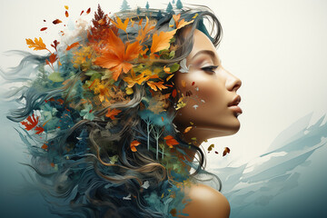 Wall Mural - Abstract portraite of beautiful young woman. Double exposure of female with background of nature, forest. Mental Health Awareness. Autumn eco style, watercolor illustration