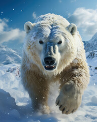 Wall Mural - Portrait of a polar bear running through the snow.
