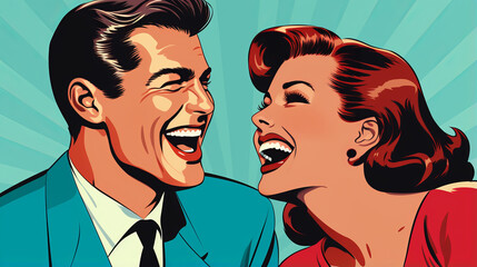 Wall Mural - Colorful portrait in retro pop art style depicts laughing couple in playful comic book fashion, symbolizing joy of love and timeless appeal of classic pop culture, vibrant vintage promotional poster