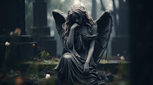Sad Angel Statue At The Cemetery. Funeral Ceremony. 