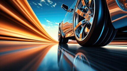 Poster - Close-up of wheel of fast sports car on road with neon light.