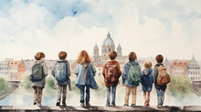 Row Of Children With Backpacks View Back To School Abstract European Old Town On White Background, Watercolor Painting Design Drawing