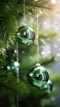 Christmas Tree Decoration With Green Baubles On Bokeh Background.