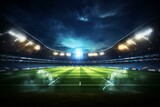 Fototapeta Londyn - Nighttime football stadium with yellow goalposts, fans, and illuminated field. Professional 3D background illustration. Generative AI