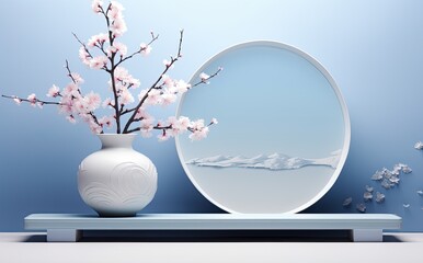 Wall Mural - 3d mock up of an empty display stand with flowers in vases, in the style of dark azure, japanese abs