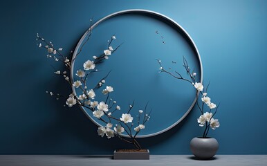 Wall Mural - 3d mock up of an empty display stand with flowers in vases, in the style of dark azure, japanese abs