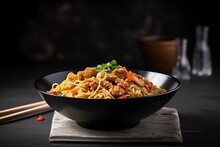 Noodles, chicken, sesame stir fry in bowl on dark stone background. Generative AI
