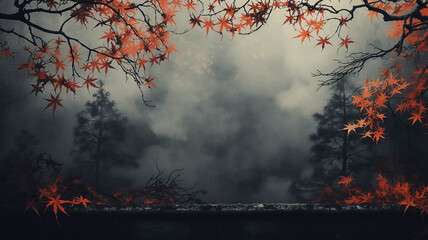 the branches and leaves of the japanese red maple form an autumn text frame on a blurry cold blue ba